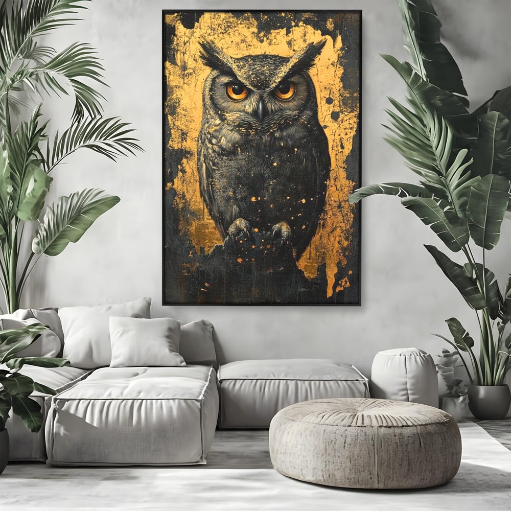 Tablou canvas cu tablou canvas cu bufnita neagra si fundal auriu, in rama de aluminiu negru, pe perete intr-un living